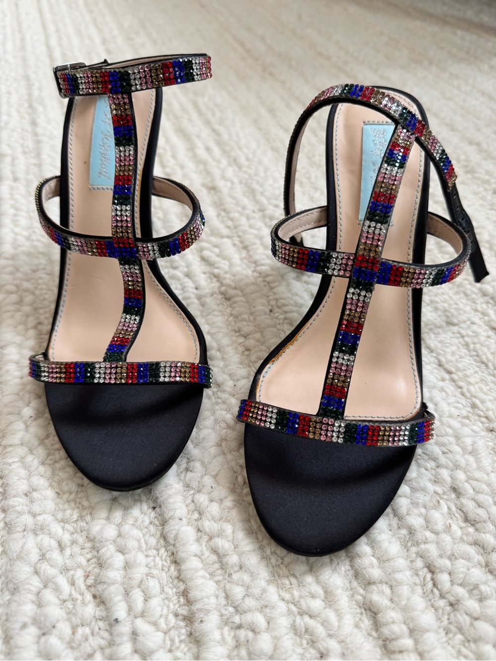 Betsey Johnson Black Strappy Heels with Multicolor Crystal Accents